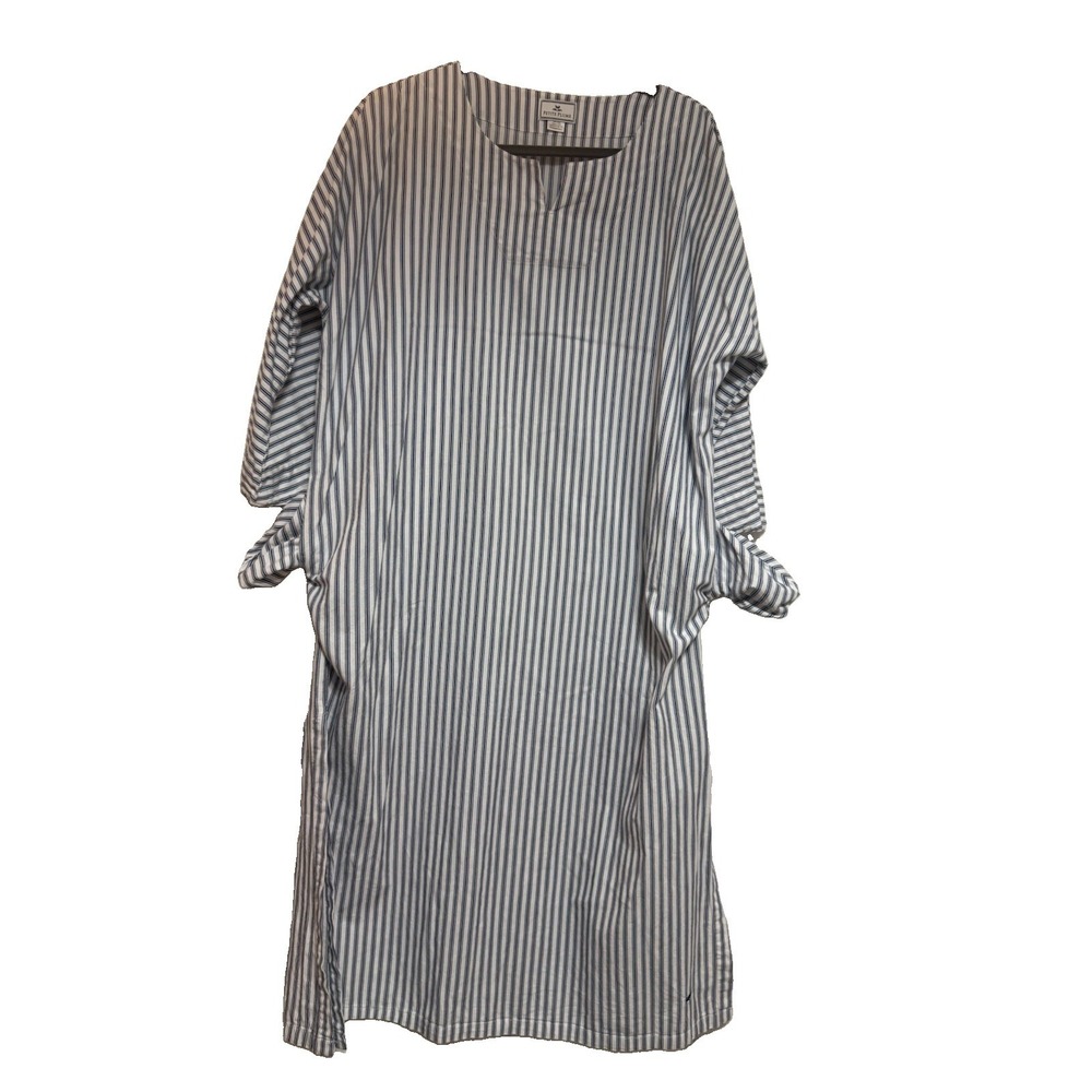 Petite Plume Striped French Ticking Caftan Dress Large Slits 100% Cotton Pockets